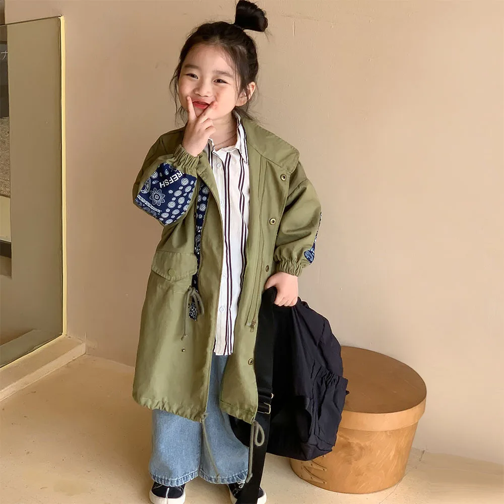 Girls patch long sleeve trench jacket Kids loose casual long style wind coat