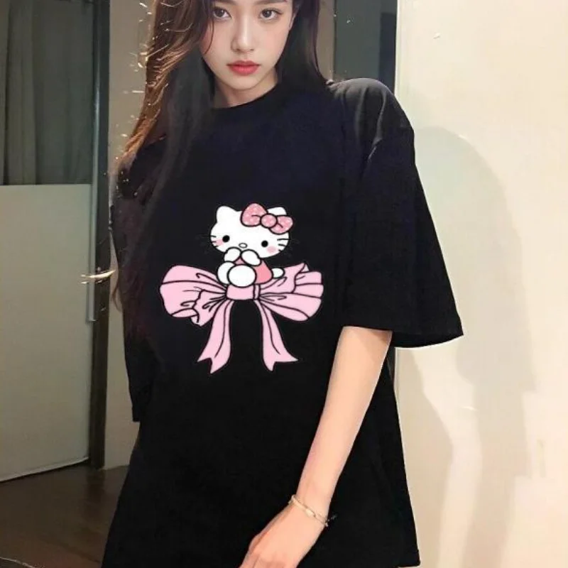 

Sanrio Hello Kitty Bow Design Girl Short Sleeve T Shirt Kawaii Soft Cartoon Casual Daily Wear Cool Stylish Trendy Fashion Tops