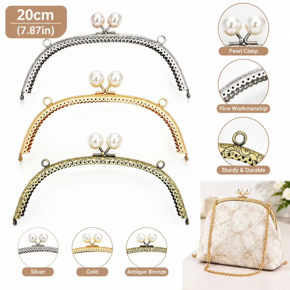 New Embossed Metal Kiss Clasp Frame Pearl Bead Lock Pre-punched Holes Bag Hardware Curved Shape Purse Frame Sewing Project