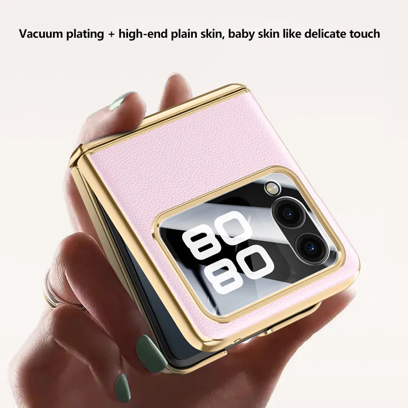 Plain Leather Plated Hinge Case For Huawei Nova Flip With Back Glass Film Protection Cover