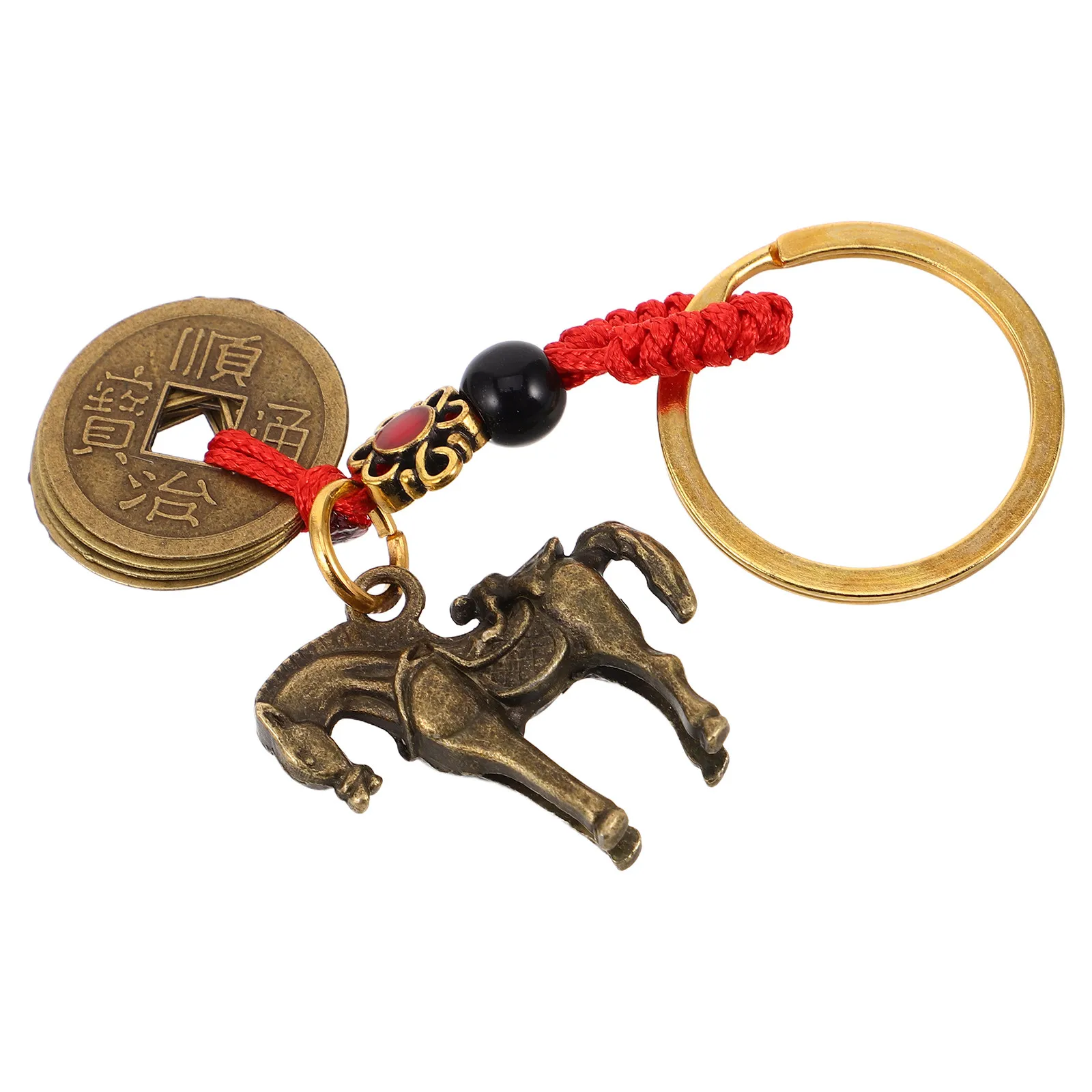 Handcrafted Brass Horse Car Pendant Five Emperor Coins Safe Travel Lucky Charm Rearview Mirror Hanging
