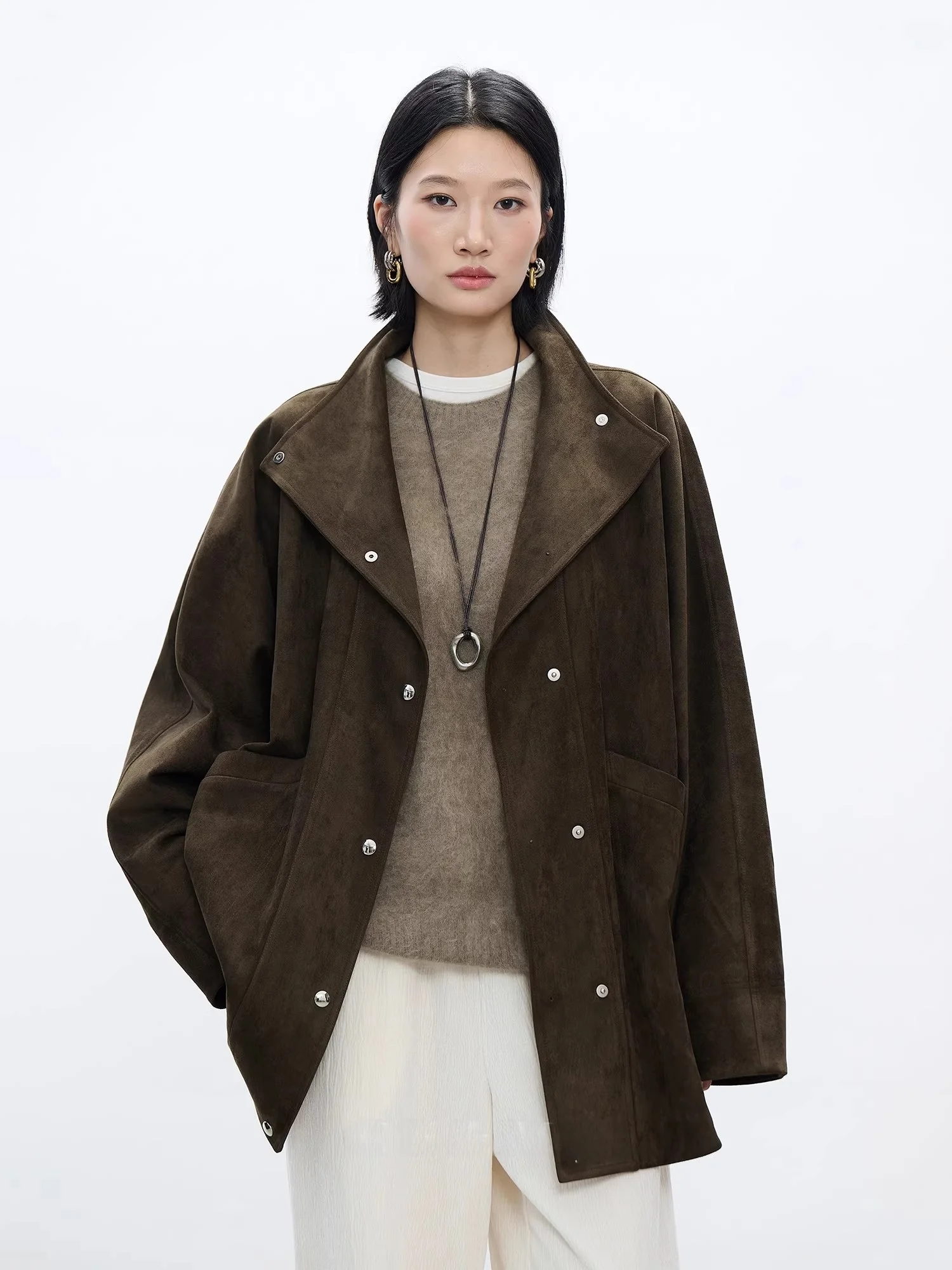 CE&MO Autumn Winter Premium Eco-Friendly Suede Batwing Sve Loose A-Line Workwear Jaet Leather Coat Women's Faion