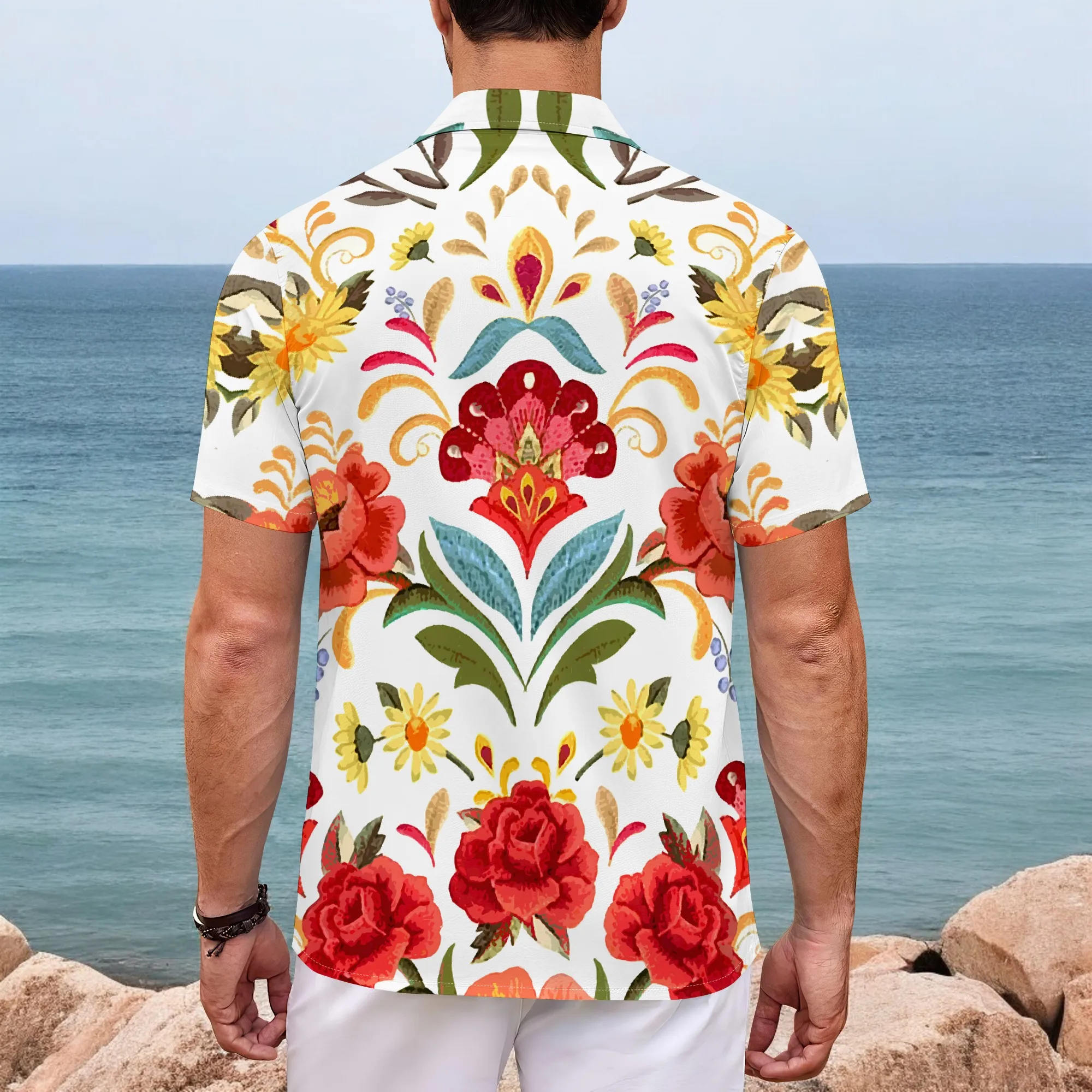 YEAE Symmetric Floral Pattern Shirt for Men Summer Casual Short Sleeve Top