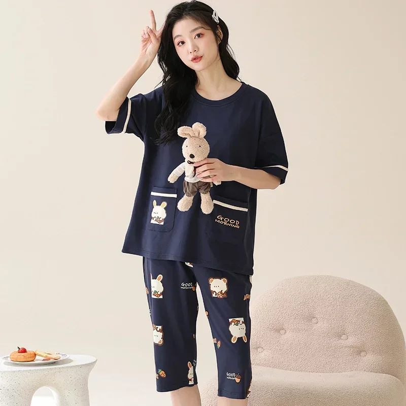 SUKAE Lady Pajamas Set M-5XL Big Size Calf-length O-Neck Sleepwear for Women Cotton Vintage Comfortable Casual Pijamas for Woman