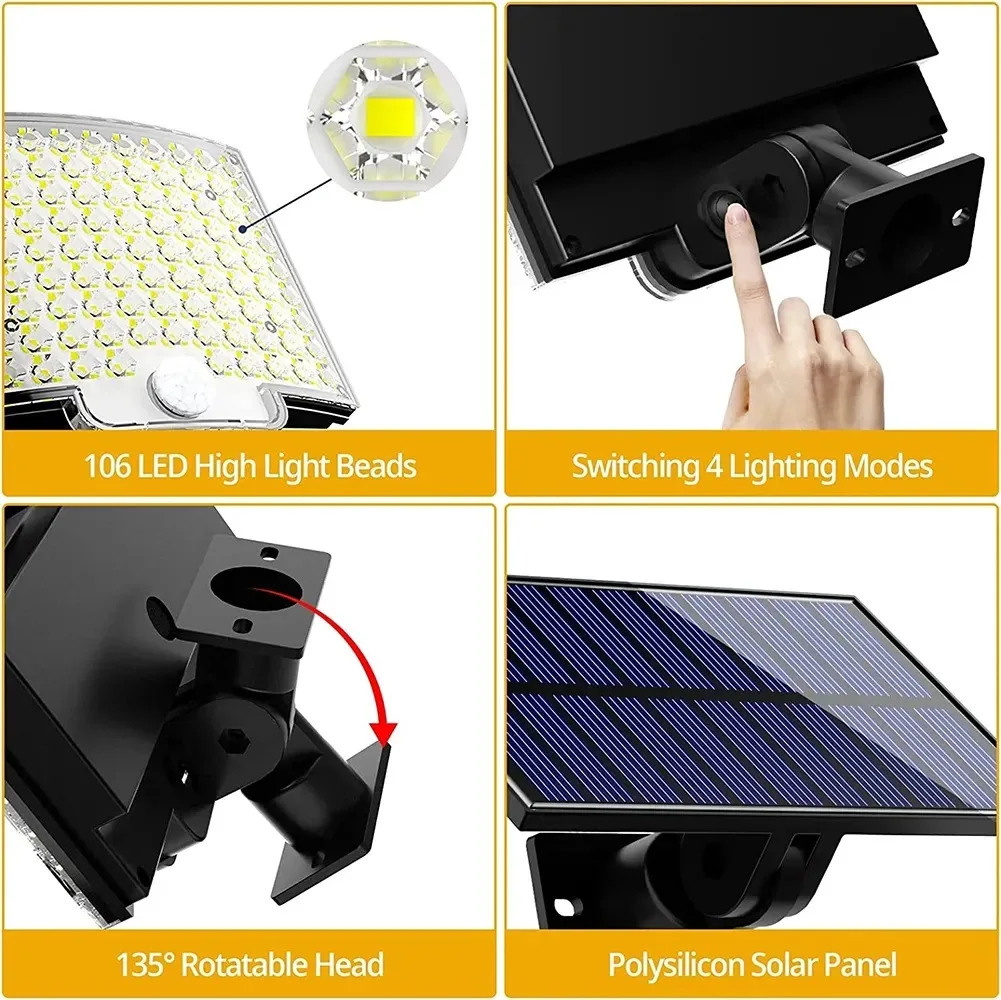 Solar Power Wall Light com 106 LED, controle remoto, Split, gramado, jardim