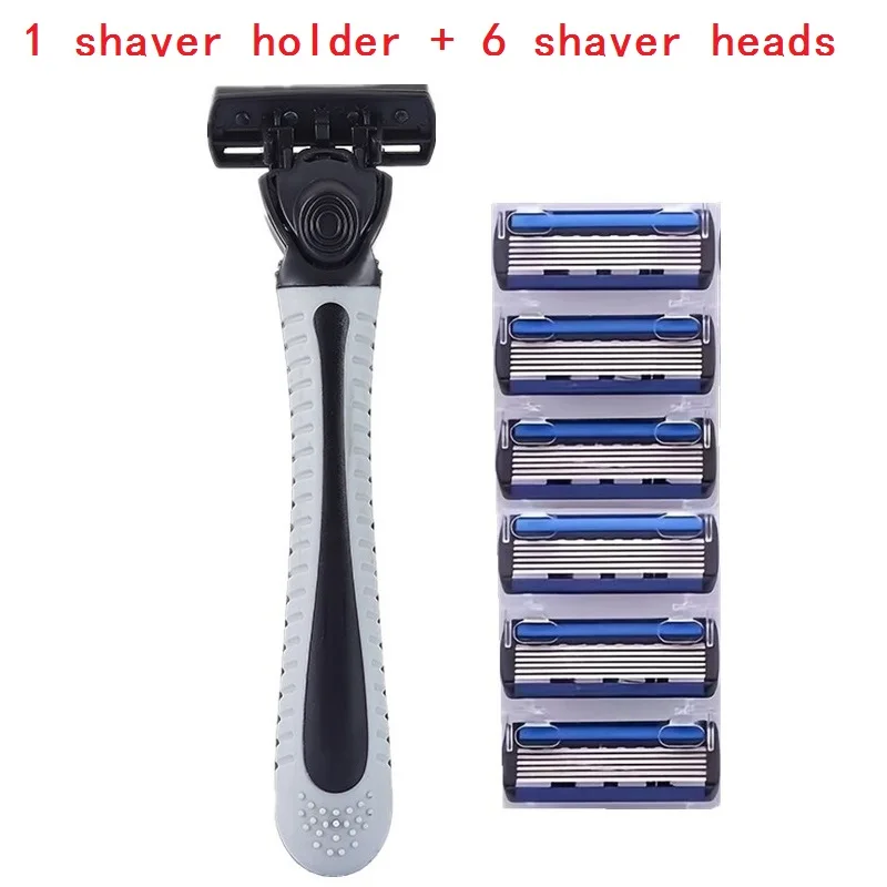 (1 Shaver Holder+6 Replacement Heads) Manual Safety Shaver Razor For Men Classical 6-Layers Blade Shaving Tool Body Hair Removal