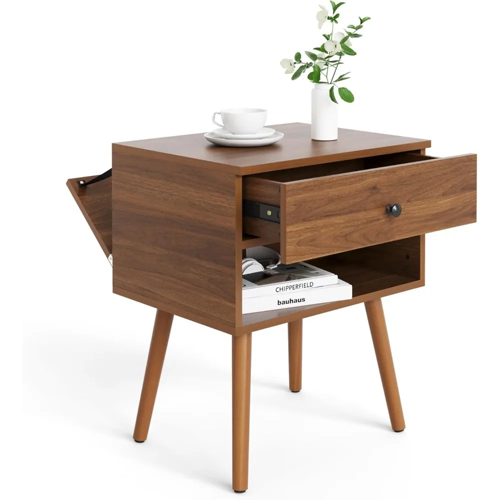 

Hidden Compartment Nightstands,Mid Century Modern Concealment Furniture, Bedside Table with Wood Legs, End Table with Storage