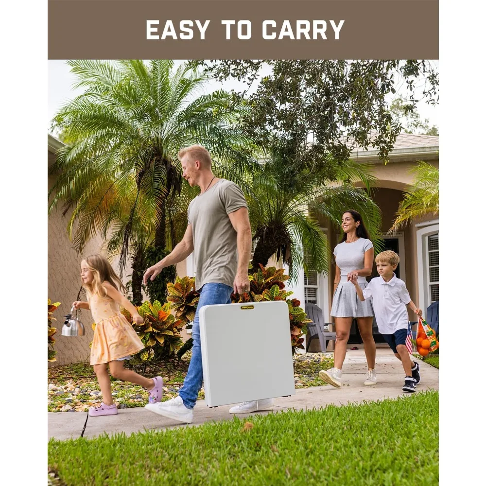 Portable Folding Table 4ft, One-Handed Height Adjustment, 4 Positions, Gravity Lock, Carry Handle, Suitable for Indoor and Outdo