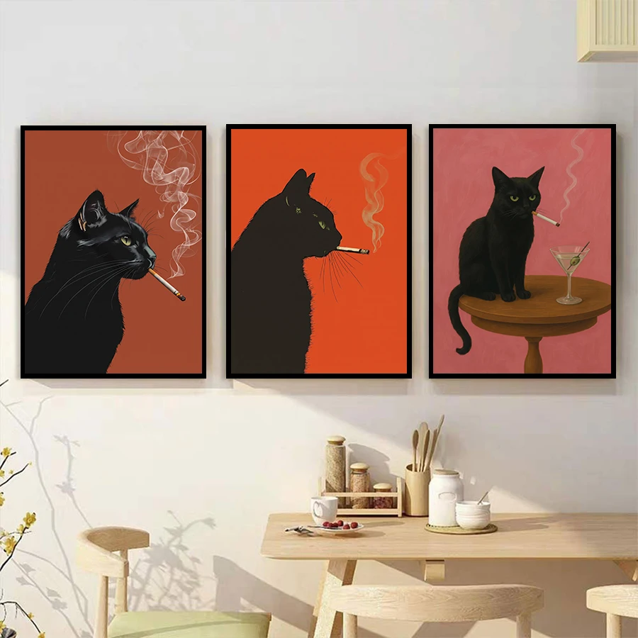 Vintage Black Cat Smoking Cigarette Poster Funny Retro Cool Cat Wall Art Quirky Animal Canvas Painting Bar Home Room Wall Decor