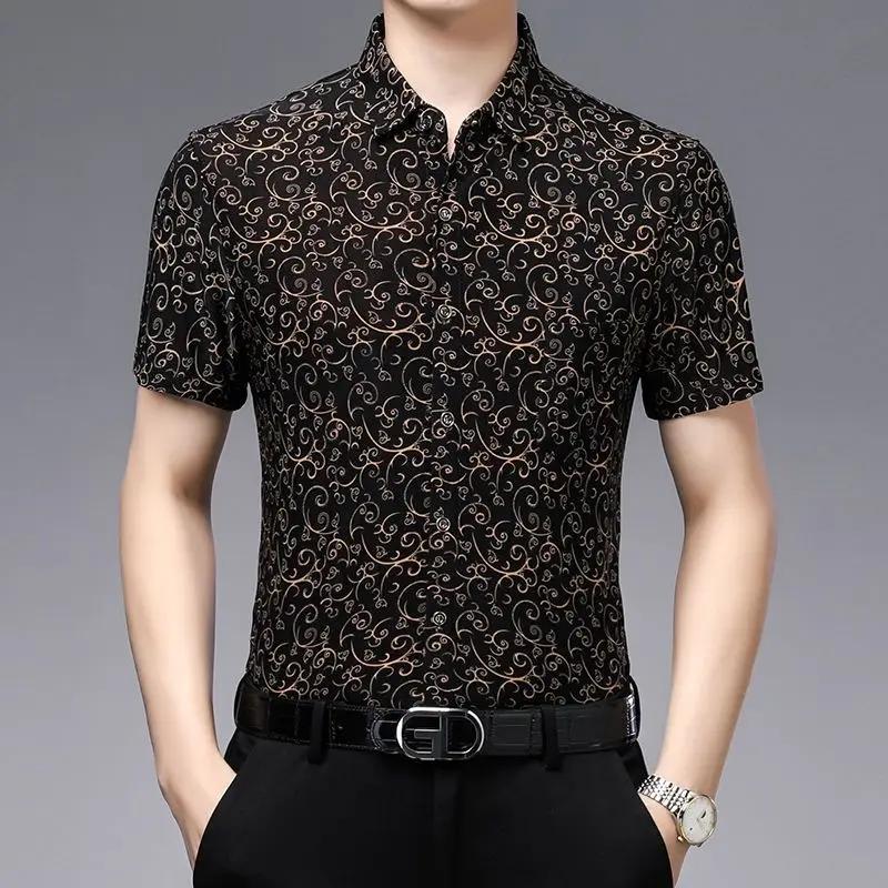 Streetwear Fashion Men Short Sleeve Black Floral Shirts Y2k Summer Quick Dry Lucky Cloud New Holiday Casual Lapel Loose Top 2023