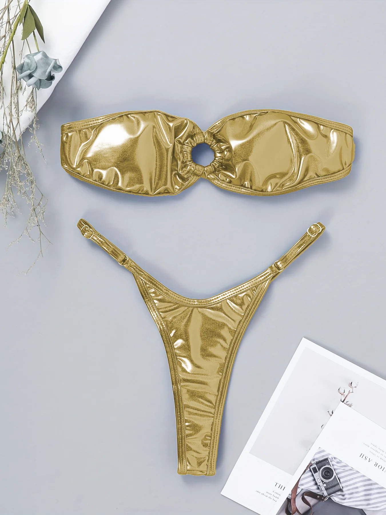 Sexy Bandeau Bikini 2025 Women Gold Black Metal Ring Linked Hollow Out Push  Up Micro Swimsuit Shiny Bathing Suit Thong Swimwear - AliExpress 200000345