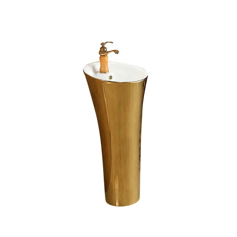 Free standing round bathroom pedestal sink gold wash basin