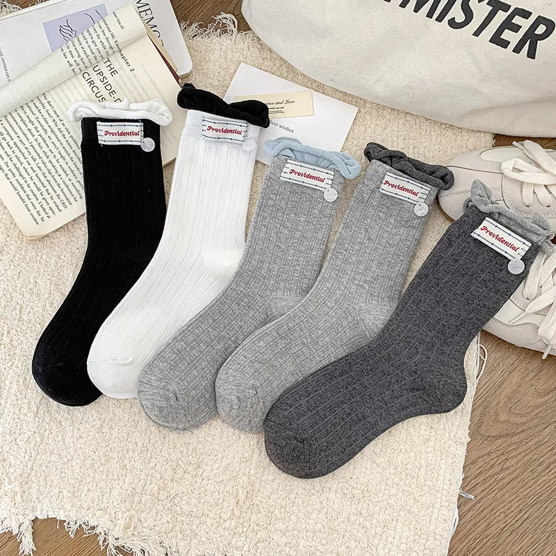 Women's New Autumn-winter Buttoned Letter-patterned Fabric-lined Mid-calf Socks, Fake Two-piece, Multi-color, Lace-up Socks