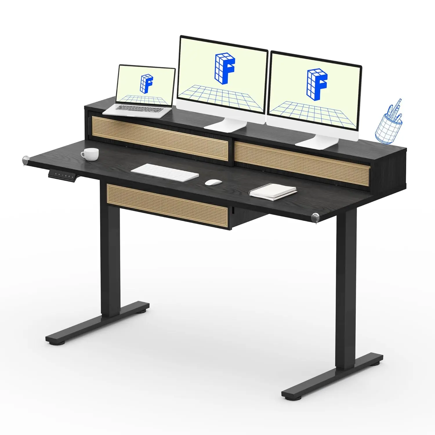 

Цельный электрический стол-трансформер с регулировкой высоты, 55 x 24 дюйма, с выдвижными ящиками из ротанга, на заказ