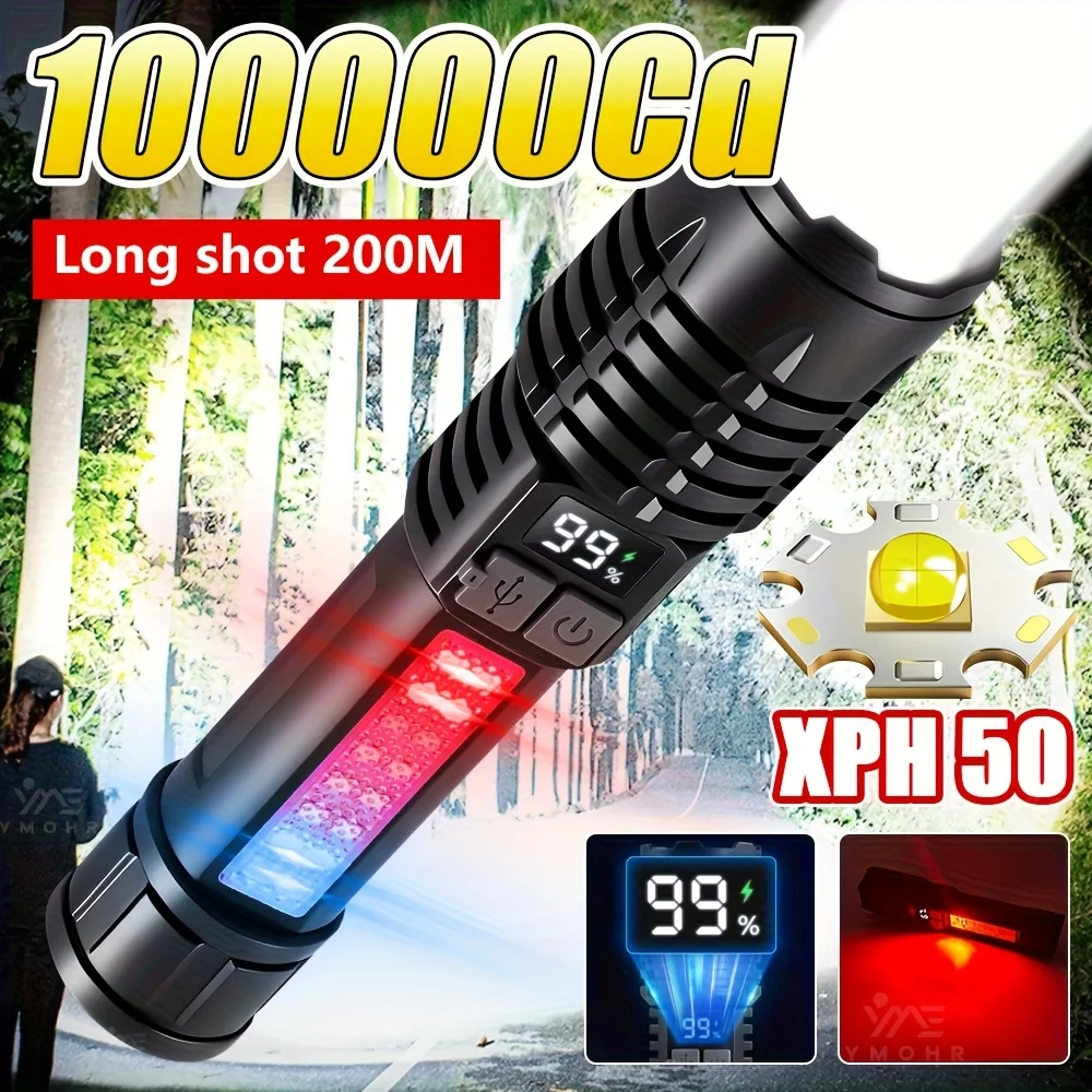 High Power LED Flashlight Powerful USB Rechargeable COB Flashlight with Side Light Torch for Outdoor Camping Hiking Fishing