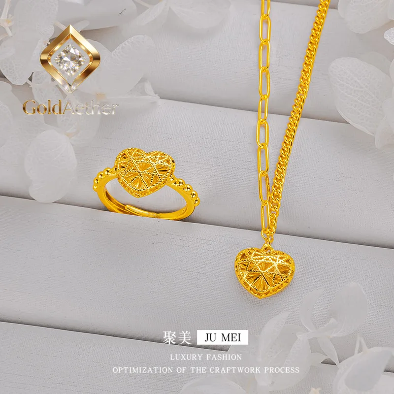 GoldNouveau Luxury 24K 9999 Pure Gold real gold Love Small Square Sugar Chain Brushed Peach Heart Pendant Women's Necklace Brace