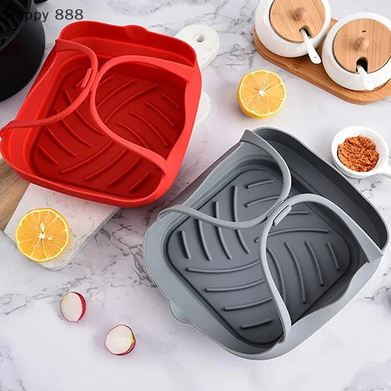 20 Cm Air Fryer Silicone Basket Tray With Handle, 8-Inch Square Air Fryer Baking Mold Liner, Foldable Kitchen Cooking Accessory