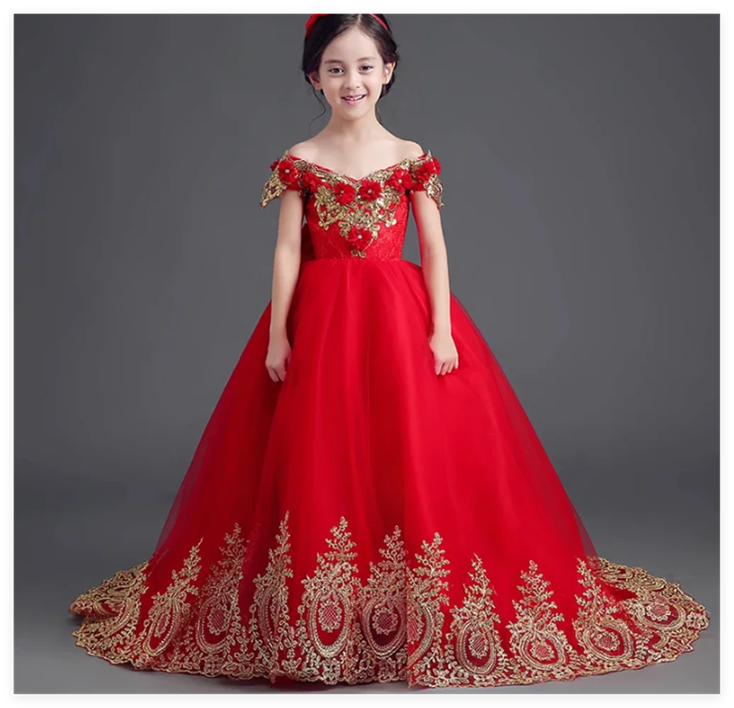 Red Girls Birthday Party Dresses Princess Beaded Extra Puffy Flower Girl Dresses Baby Kids Ball Gowns for Photo Shoot