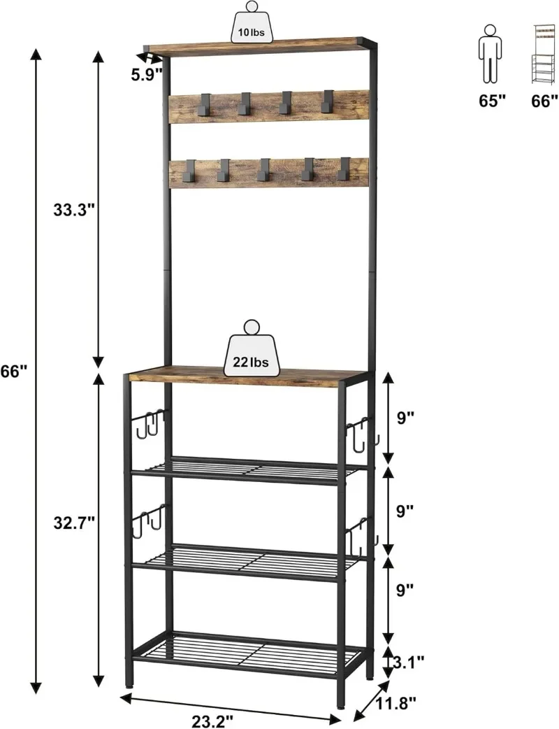 Coat Rack with Shoe Storage, 5-Tier with 9 Clothes Hooks, Freestanding Hall Tree Organizer for Entryway, Bedroom