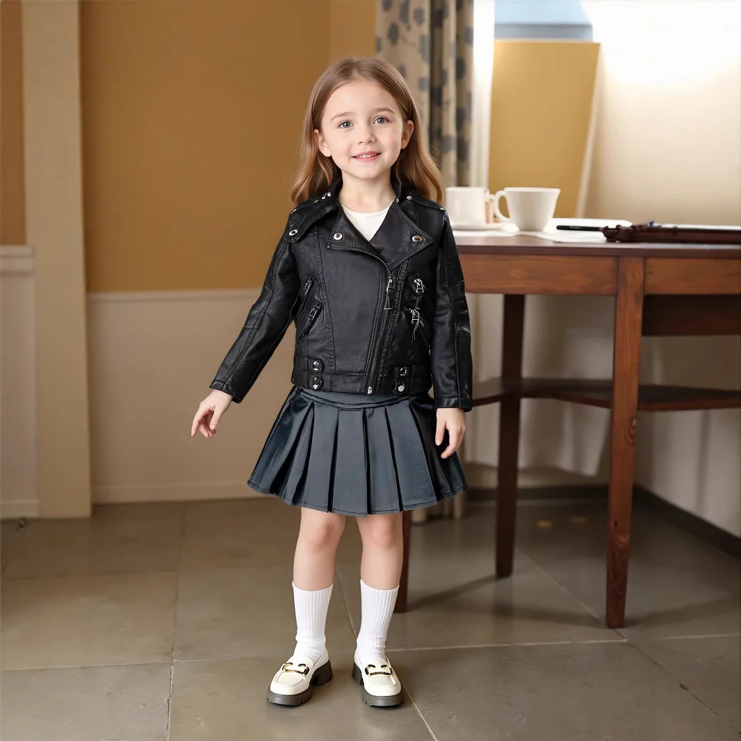 2-12Y الفتيات عيد الميلاد الوردي الأحمر دراجة نارية بولي Leather سترة جلدية الأطفال مقاوم للماء يندبروف معطف في سن المراهقة الاطفال الشارع التصوير ارتداء