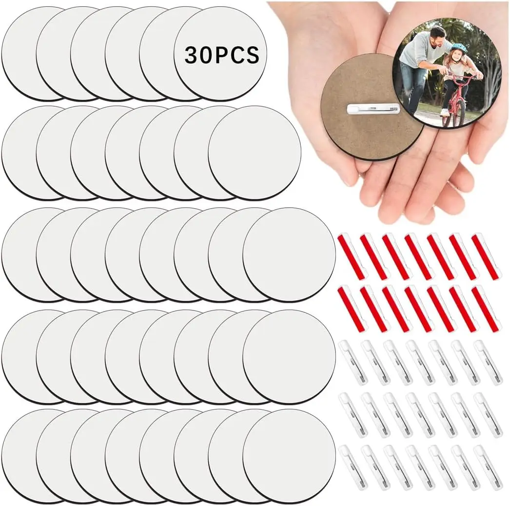 30Pcs Sublimation Name Buttons Blanks with Pins 3 inch MDF Buttons Pins Sublimation Blanks Christmas for School Projects