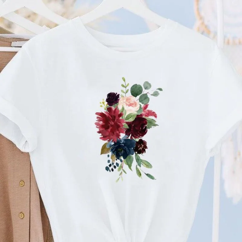 ملابس نسائية عصرية مطبوعة بالزهور، تي شيرت برقبة دائرية وأكمام قصيرة، تي شيرت جرافيك، ملابس جمالية