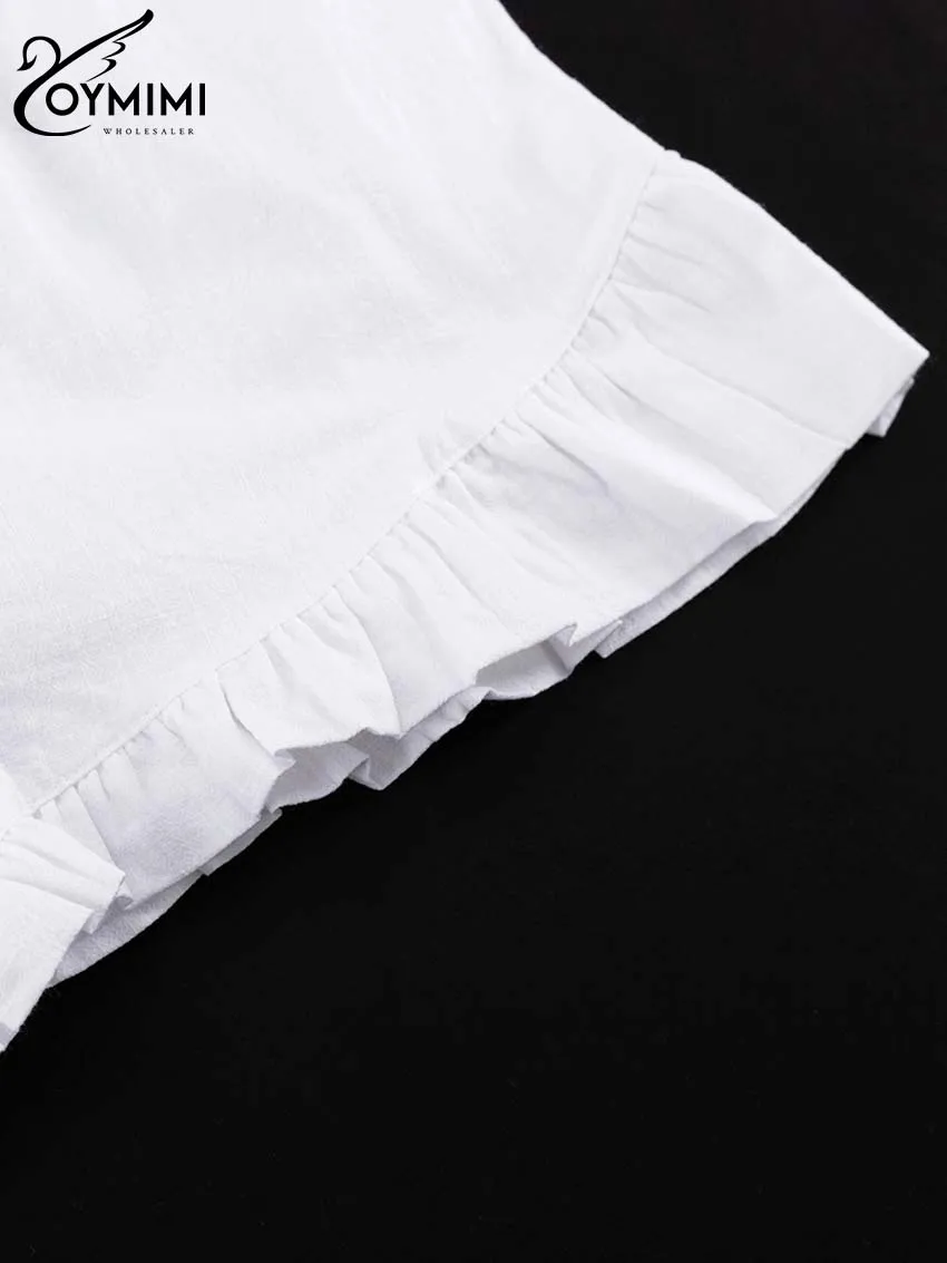 Oymimi Elegant White Cotton 2 Piece Sets Women Outfit Fashion Wrist Sleeve Lace-Up Blouse And High Waist Pleated Shorts Sets