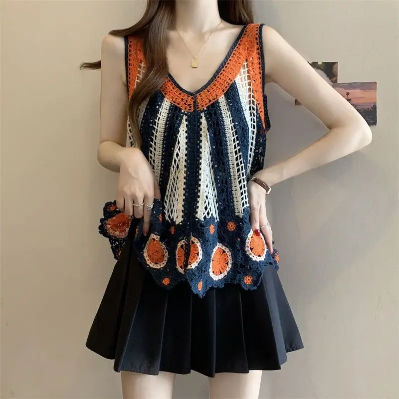 Robe camisole à franges pour femmes, ample, design creux, imprimé, haut tendance en tricot, nouvelle collection