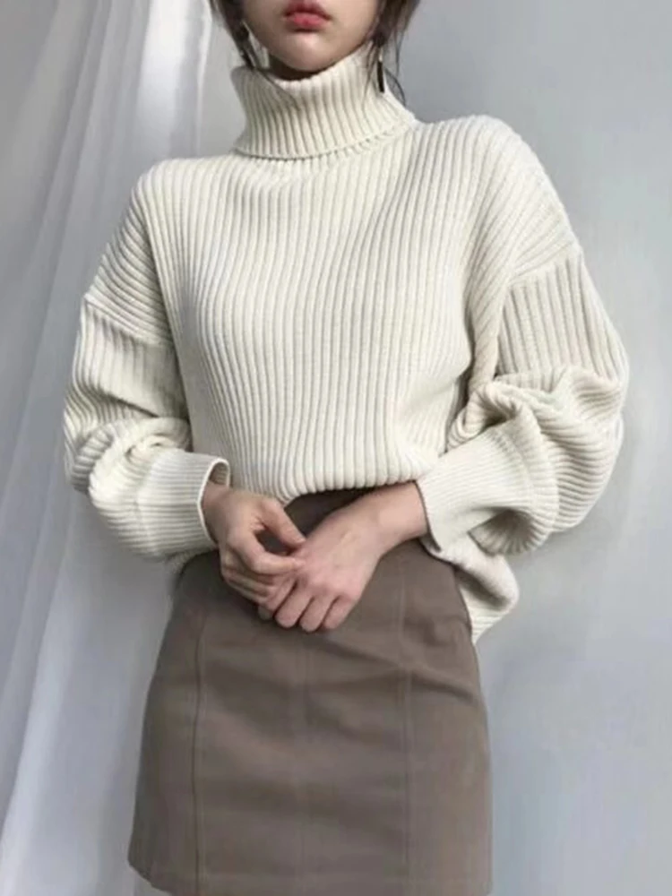 

Sleeve Office Lady Knitted Pullovers Solid Vintage Autumn Tops Korean Simple Turtleneck Sweaters Women Lazy Wind Loose Long