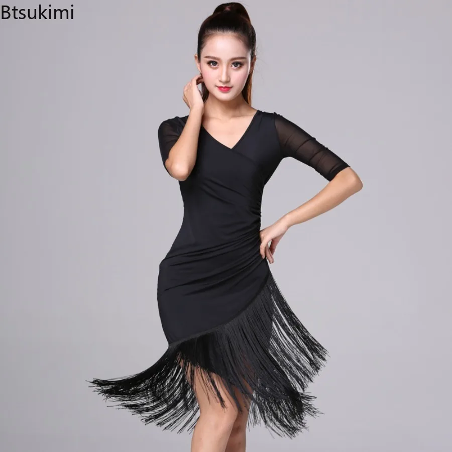 

Sexy Long/Half Sleeve Latin Dance Wear Women Tassel One-piece Dress Ballroom Tango Cha Cha Dance Costume Latin Competition Dress