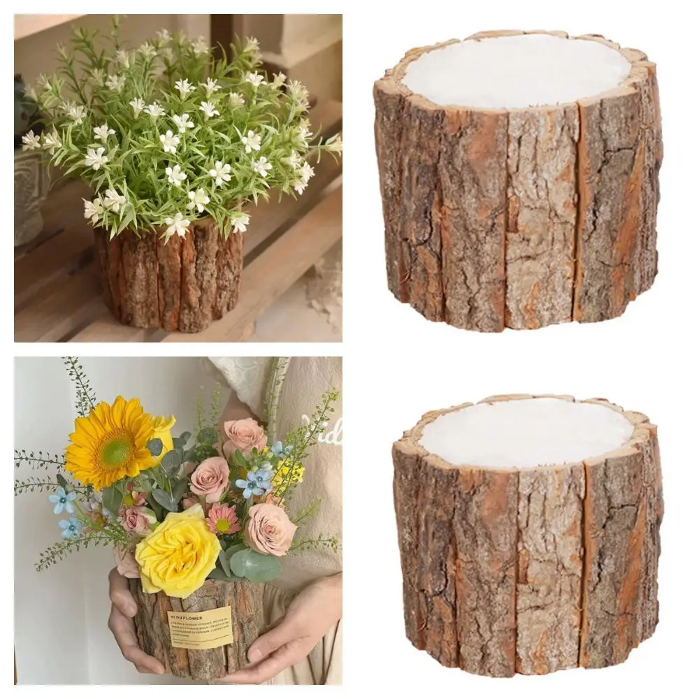 Creative Wooden Succulent Flowerpot DIY Desktop Storage Pen Container Pastoral Style Flower Arrangement Bark Flower Pot