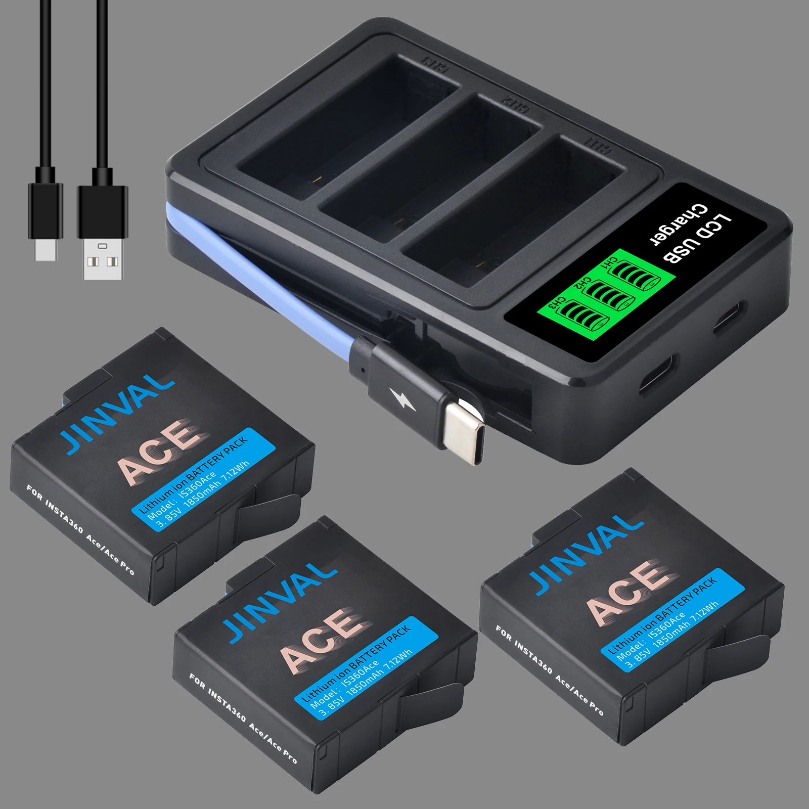 Rechargeable Li‑ion Batteries & 3‑Slot LCD Triple Charger Compatible with Insta360 Ace / Ace Pro / Ace Pro 2 Action Camera