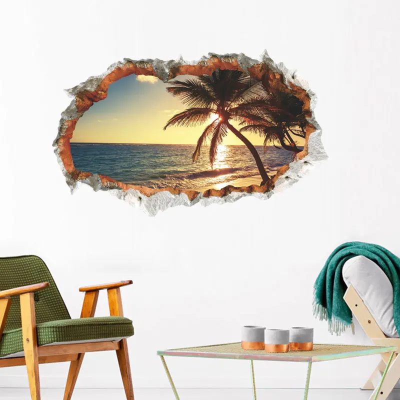 Creative new broken beach coconut tree landscape wall stickers home decoration can be removed wall stickers sell well