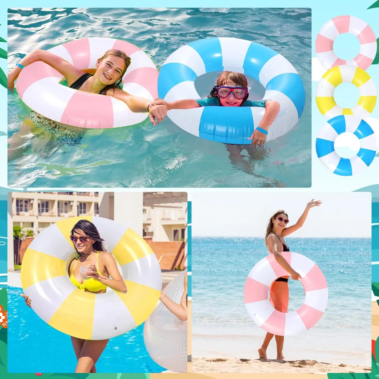 3 Stück 39,4 Zoll Jumbo-Schwimmring mit lustigen Drucken, gestreifte Poolschwimmer, Poolschläuche, aufblasbare Poolschwimmer, Sommer-Schwimmschwimmen