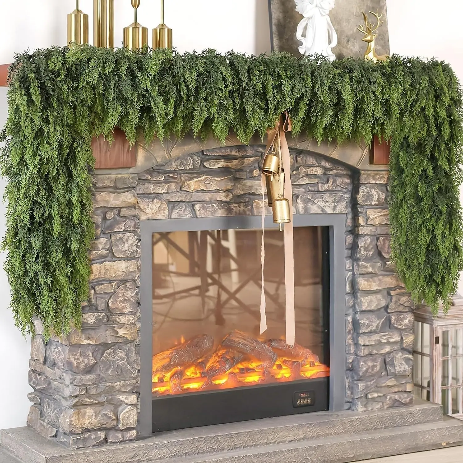 Lifelike Touch Artificial Christmas Cedar Garland for Mantle (9FT 2PCS) | Realistic Faux Pine Needles Garland Fake Greenery Garl