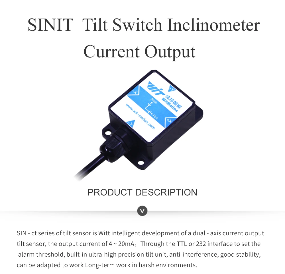 SINIT-232 Current Analog Tilt Switch, high stability dual axis safety analog inclinometer (4-20mA, -90 degree), anti-shake tilt