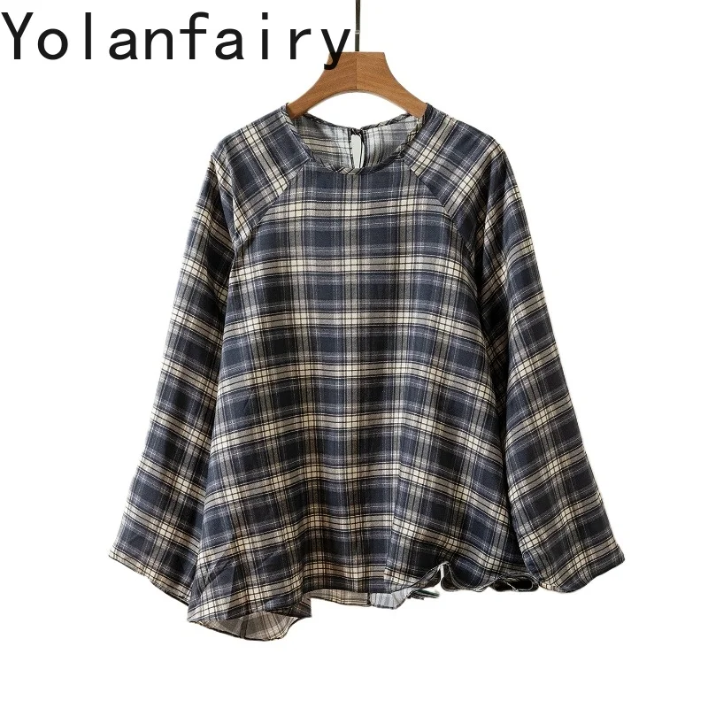 

YOLANFAIRY Женская блузка из 70% шелка тутового шелкопряда и 30% хлопка, летняя, 2026, винтажная, в клетку, элегантная, с круглым вырезом, с длинным рукавом