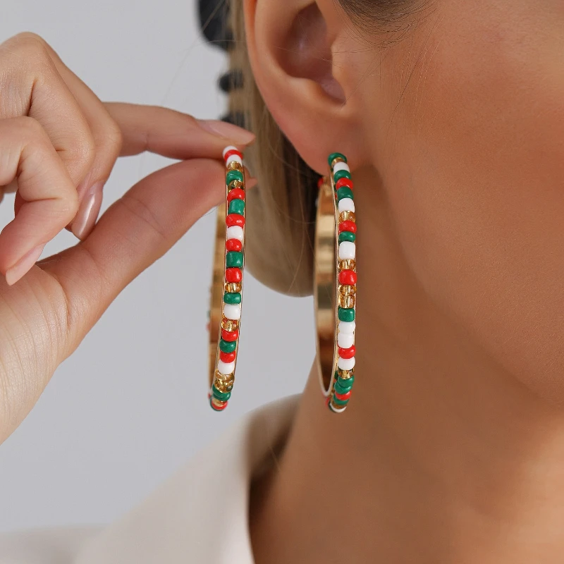 New Christmas Accessories Multi Colored Rice Bead Circle Pendant Earrings, Women's Personalized Holiday Party Jewelry Gifts