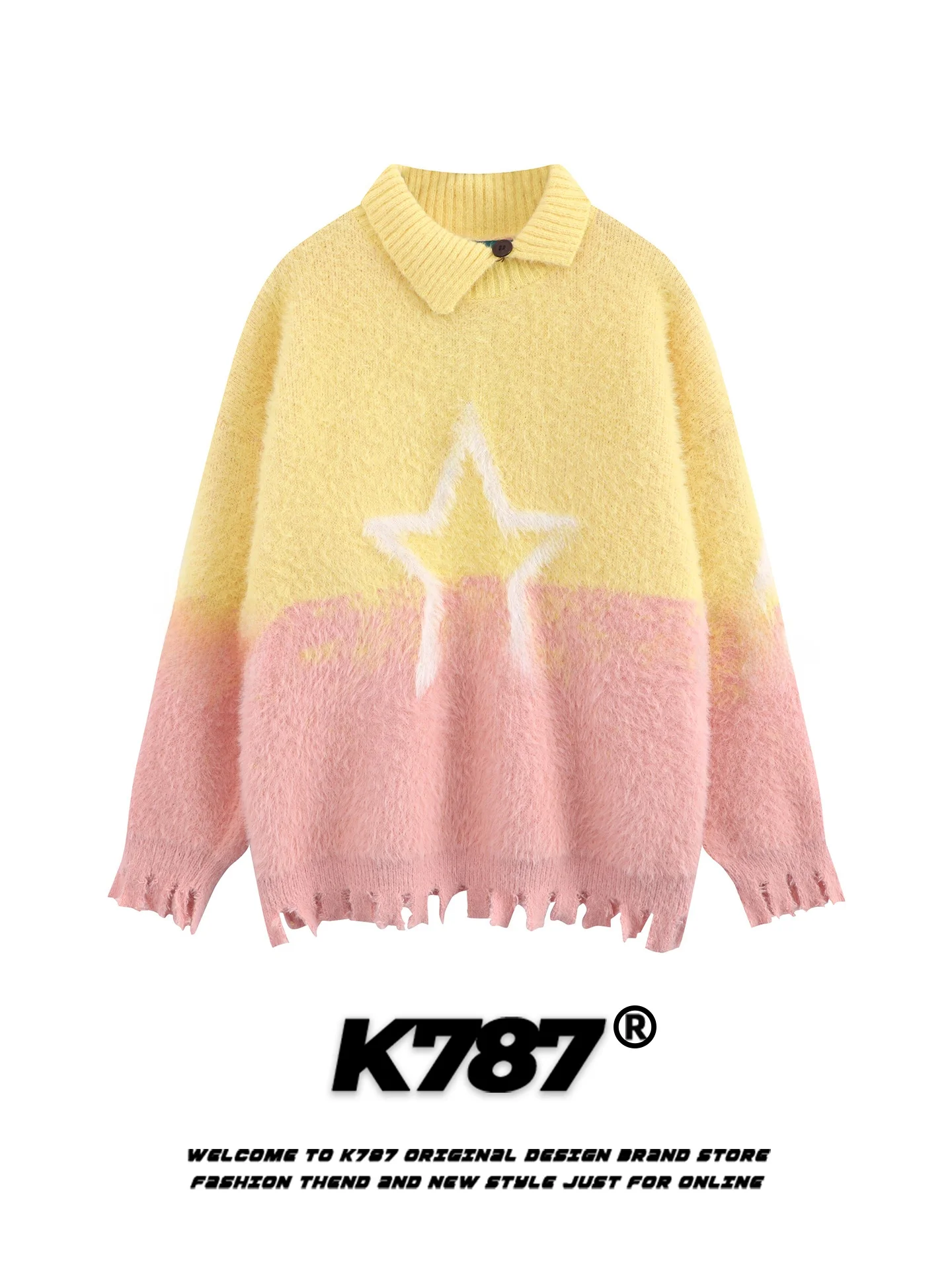 

Свитер в американском стиле с вышивкой звезд на воротнике, свободный вязаный свитер унисекс, разноцветный, в стиле дофамин, для пар, молодежный, модный