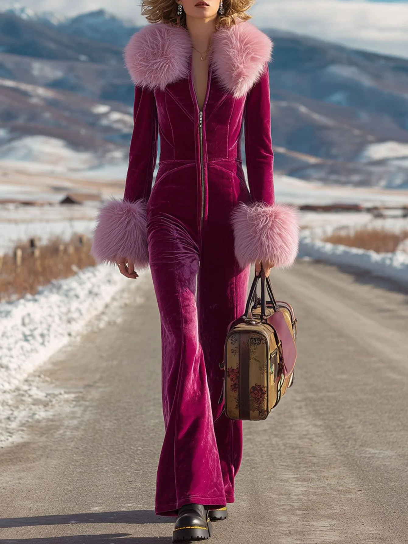 American Retro Spice Girl Style Velvet Jumpsuit, Plush Large Lapel, Waist-Cinching and Slimming Wide-Leg Pants, New Winter Style