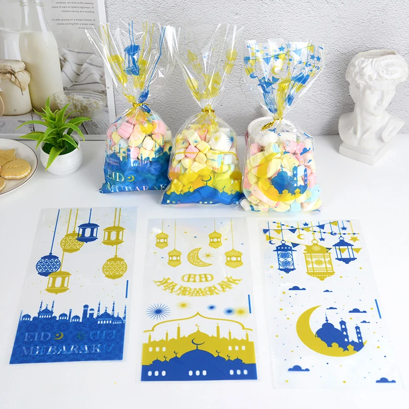 105Pcs 27cm Eid Mubarak Candy Bags Moon Mosque Open Top Plastic OPP Bag with Tie Ramadan Gift Bags eid al-fitr Party Supplies