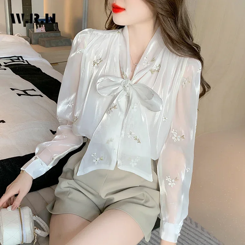 Chinese Style Elegant Bow V-neck Luxury Blouses 2025 Spring Women Vintage Floral Print Long Sleeve Soft Fairy Thin Shirts