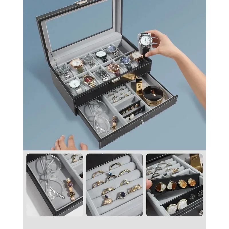 2-Tier Leather Watch Display Box,12 Slots Lockable Watch Organizer Drawer Case for Men Women Jewelry Storage