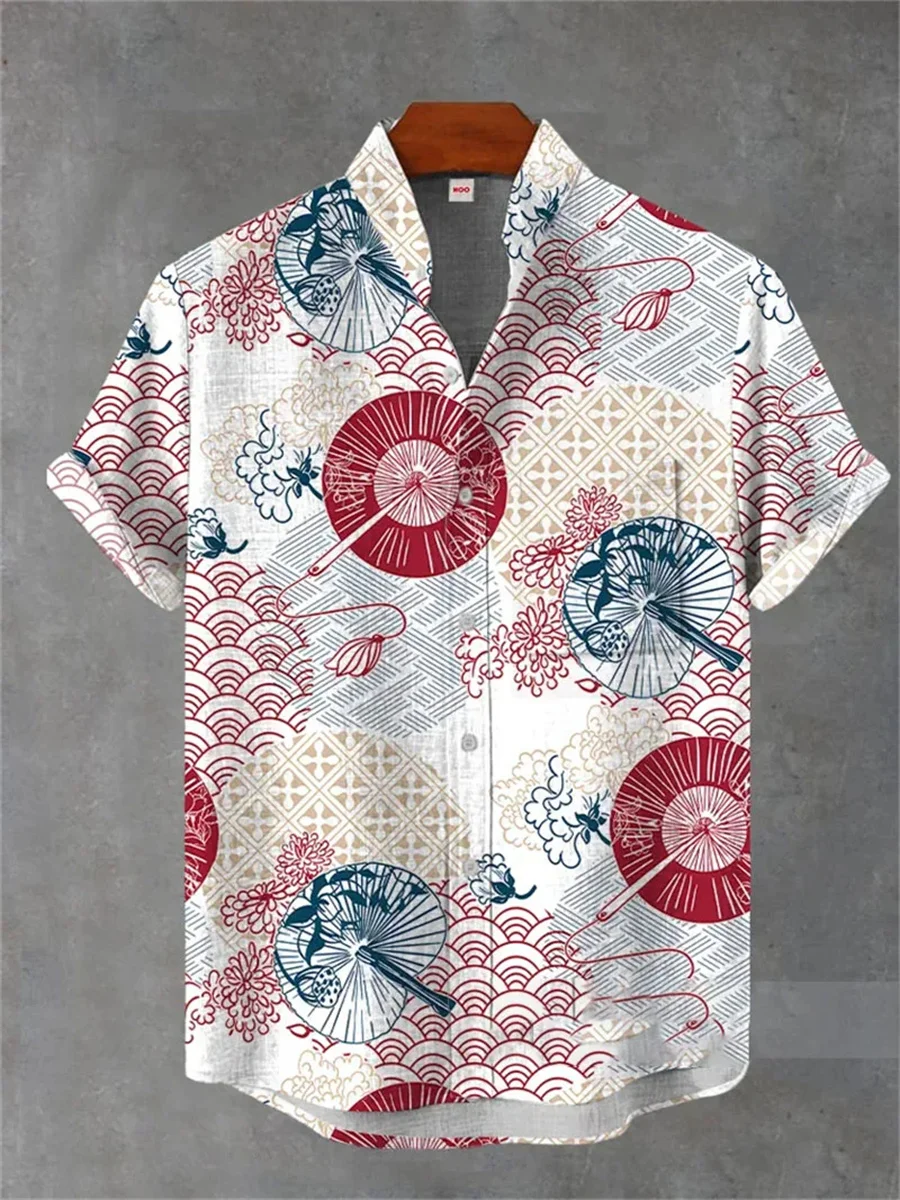 2025 Men's Linen Casual Shirt Fashion Wave Print Harajuku Shirt Summer Festival Party Fashion Hawaiian Shirt Street Men's
