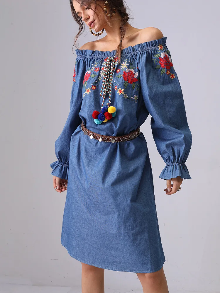 

2025 New Spring Summer Sexy Off the Shoulder Tassel Blue Denim Dress Retro Floral Embroidered Bohemian Dress Female Vestidos