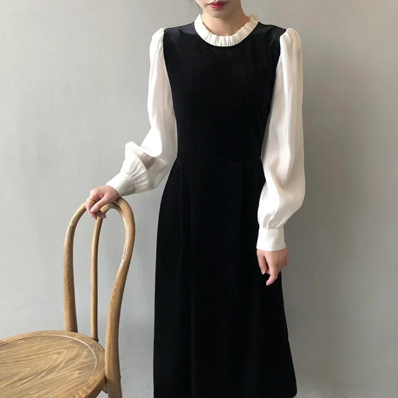 Women Clothes Crew-neck Patchwork Color Contrast Dress Women 2024 Autumn New French Style Vintage Casual Women Dress