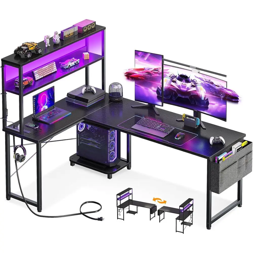 

Игровой L-образный стол 61 дюйма с LED-подсветкой, розеткой, местом для хранения и реверсивной конструкцией, черный