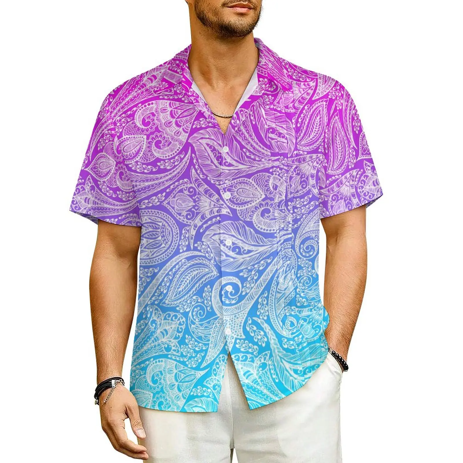 

Hawaiian Shirt Vacation Floral Paisley Blouses Blue Ombre Retro Casual Shirts Men Short-Sleeve Street Style Oversized Tops