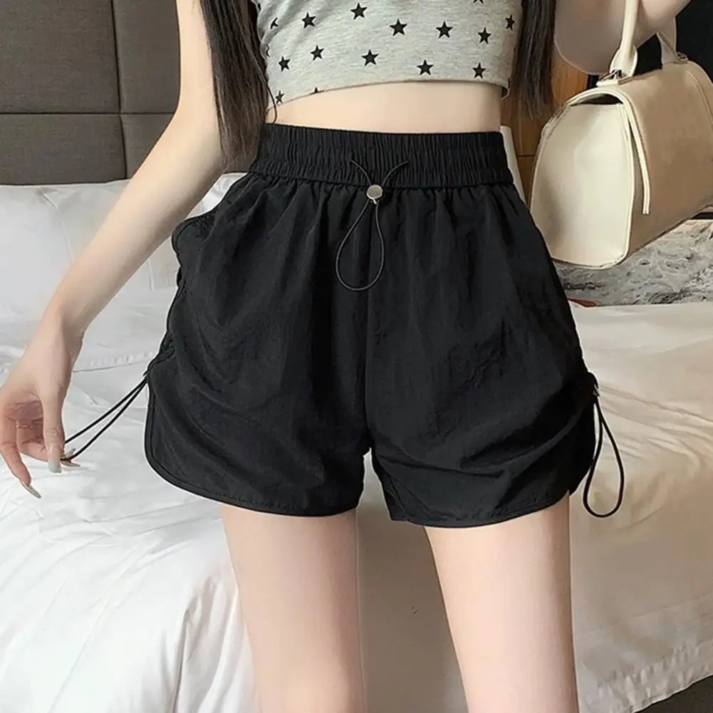 Pleated Side Thigh Shorts Women Solid Color Shorts Stylish Women's High Waist Sport Shorts with Adjustable Drawstring for Casual