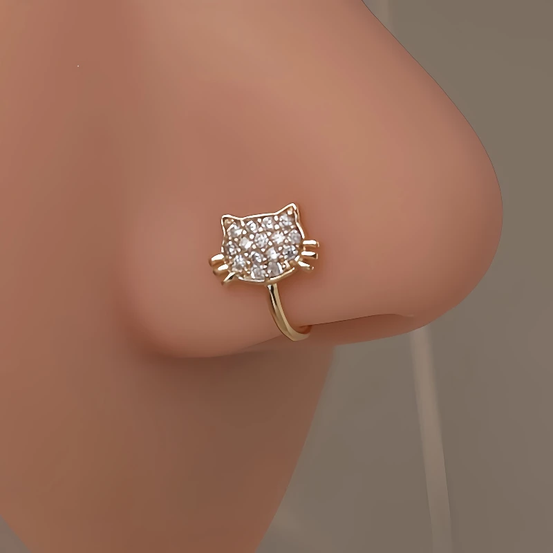 1-piece set of women's fashionable inlaid synthetic zircon cat head U-shaped nose clip, non perforated and adjustable
